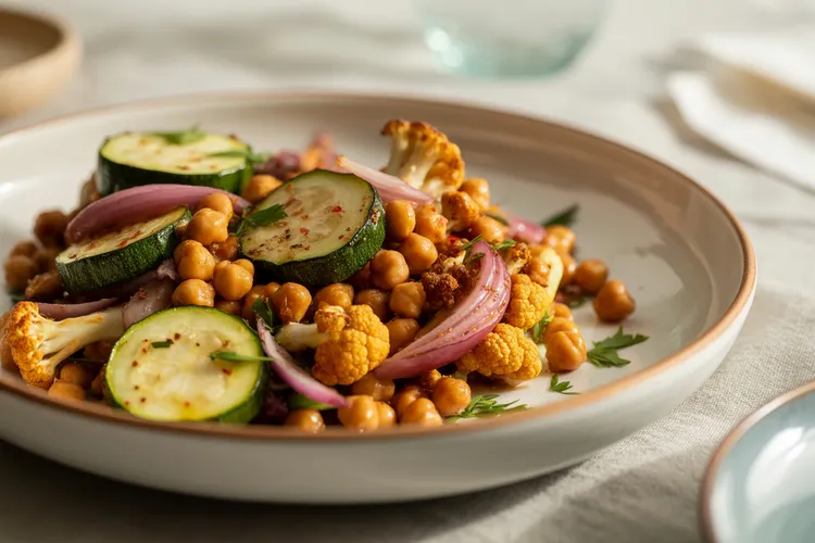 Sheet Pan Vegetables with Chickpeas and Tahini Dressing
