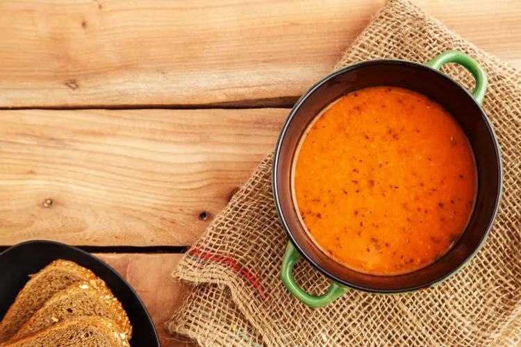 Afghan red lentil soup with carrots, celery and spearmint