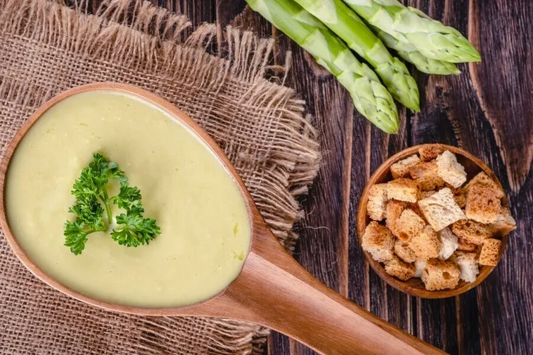 Asparagus and onion soup with mustard and lemon zest