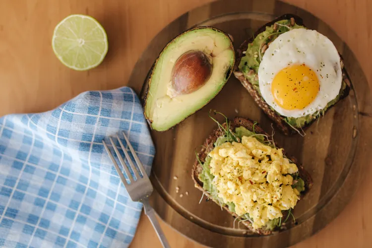 Avocado toast with cottage cheese egg scramble
