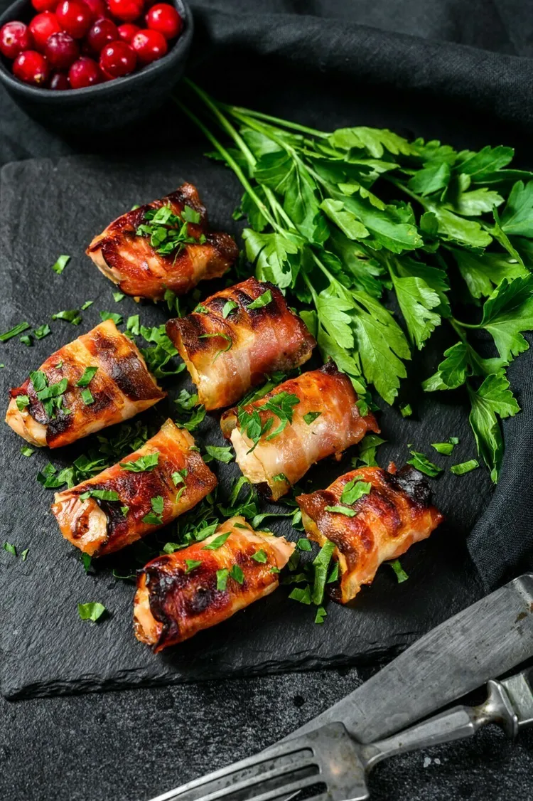 Bacon-wrapped roasted red pepper and goat cheese stuffed chicken