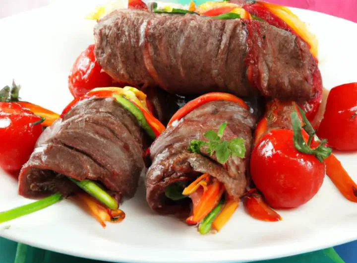Balsamic-glazed steak rolls with roasted vegetables