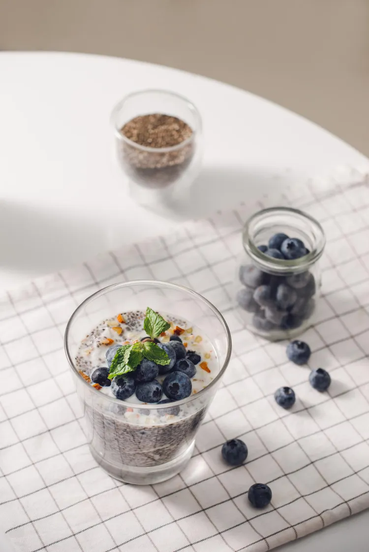 Blueberry chia overnight oats with almond and nonfat milk