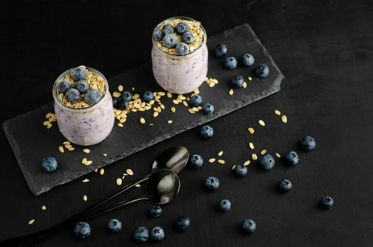 Blueberry banana oatmeal smoothie with coconut oil and chia seeds