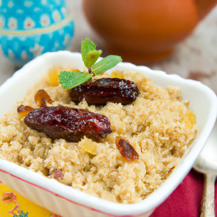 Honey-sweetened breakfast quinoa with raisins, walnuts and dates