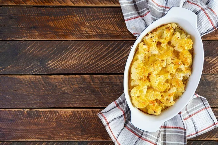 Cauliflower mac and cheese with mustard seeds and cheddar cheese