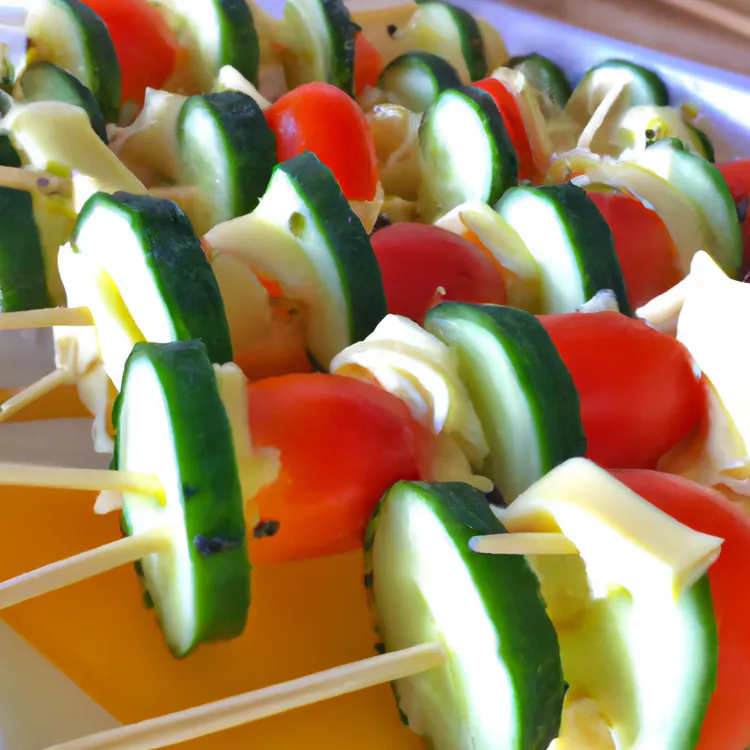 Cucumber, tomato and cheese skewers with hummus dip