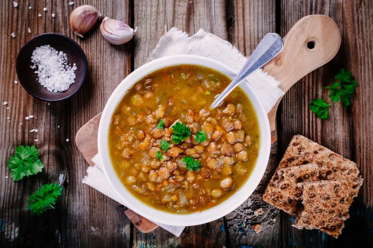Chicken and lentil soup with fresh herbs
