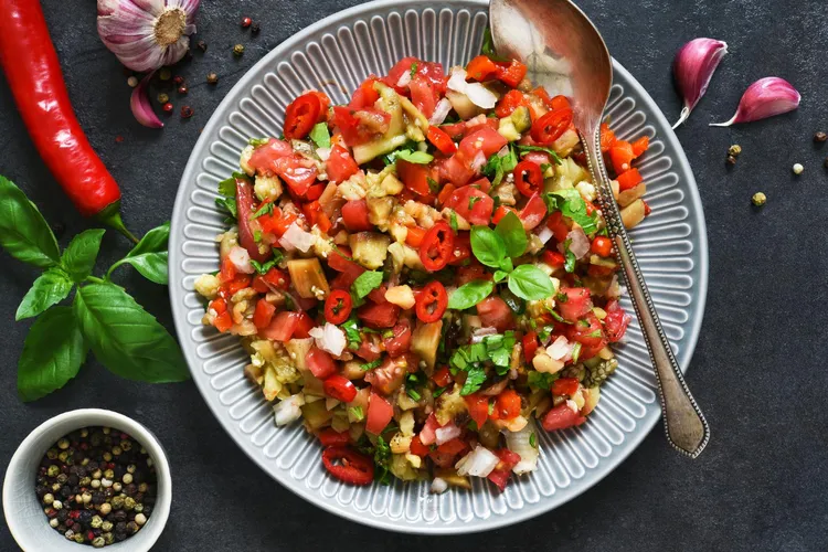 Chickpea salad with red pepper, tomato, celery and pickles