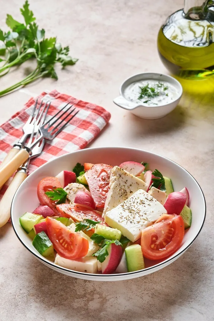 Greek salad with feta cheese and olives