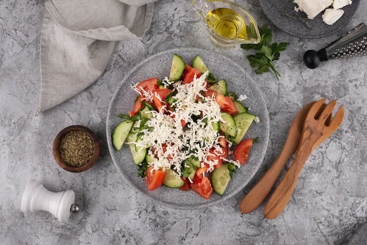 Fresh cucumber and tomato cottage cheese salad
