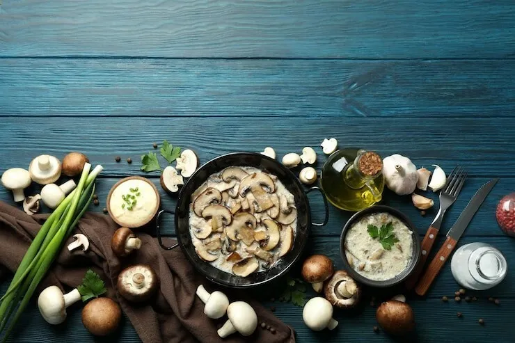 Garlic mushroom saute with basil and cheese