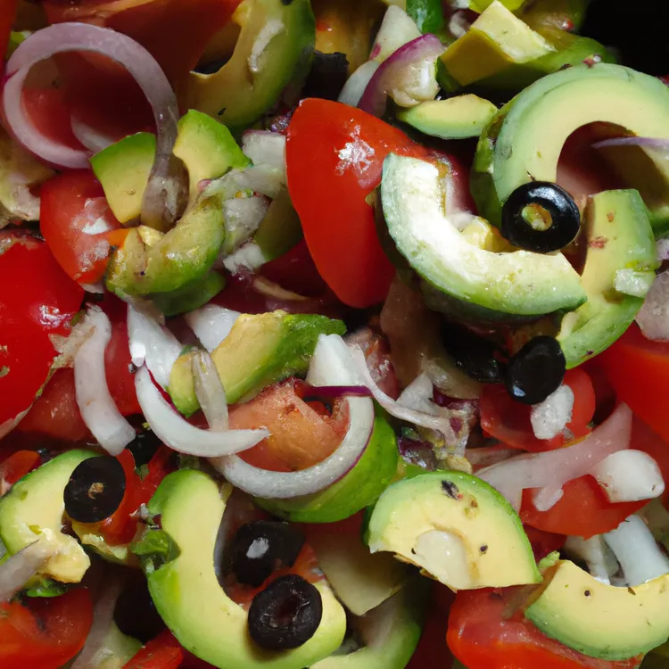 Cucumber avocado salad with cherry tomatoes, olives and lemon vinaigrette