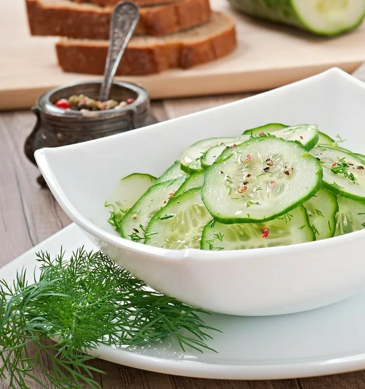 Cucumber dill mustard salad with olive oil, salt, sugar and vinegar