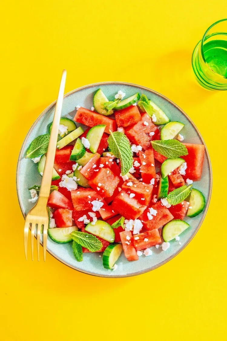 Cucumber watermelon salad with salt, sugar and vinegar