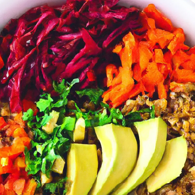 Curried sweet potato and lentil grain bowl with kale, red cabbage and avocado