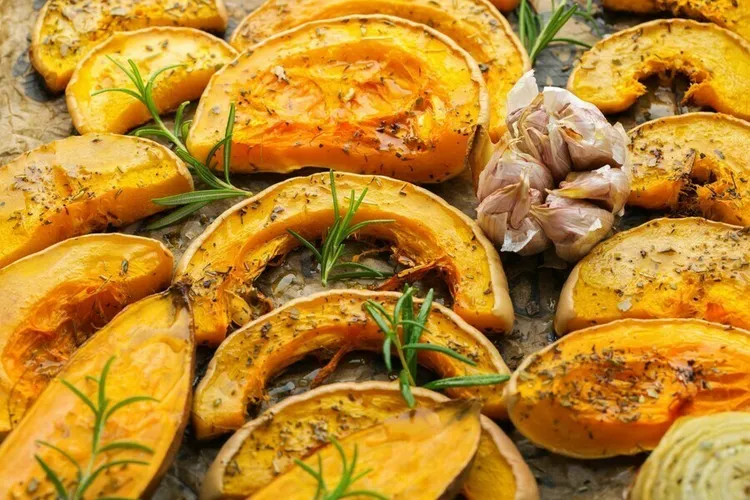 Roasted delicata squash and mushroom medley with thyme and olive oil