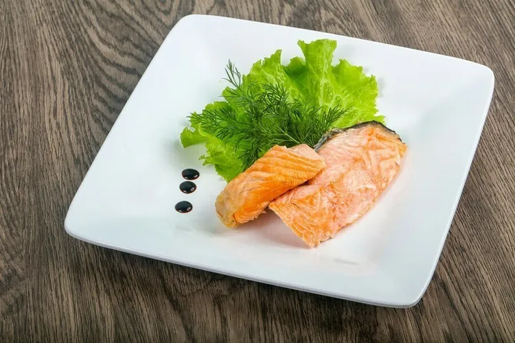 Dill-poached salmon with chicken broth