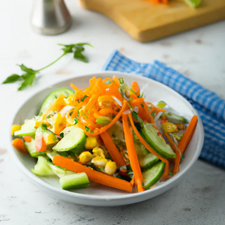 Cucumber, carrot and lemon salad with sweet corn and dill