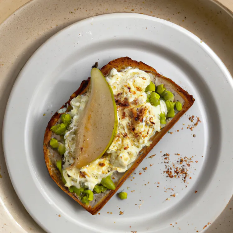 Edamame and pear crostini with parmesan and spearmint