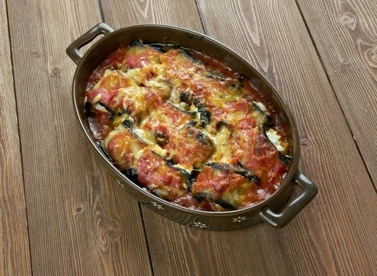 Eggplant rollatini with ground beef and mozzarella cheese