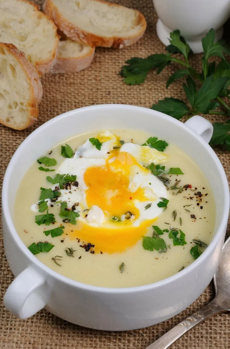Garlic soup with poached eggs and french bread