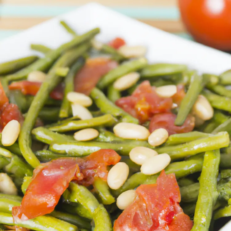 Garlicky green beans with tomato and pine nuts