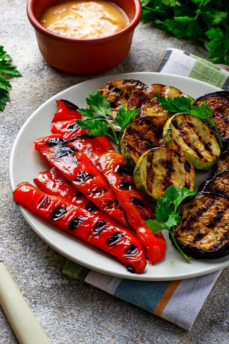 Grilled zucchini and red pepper salad with basil and brown sugar vinaigrette