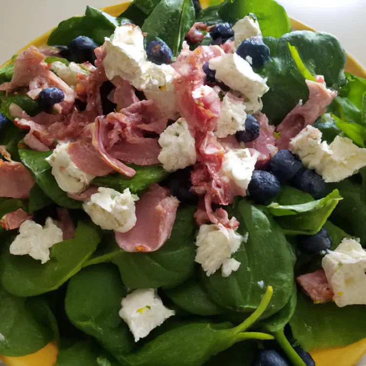 Ham and cottage cheese spinach salad with blueberries and honey-vinegar dressing