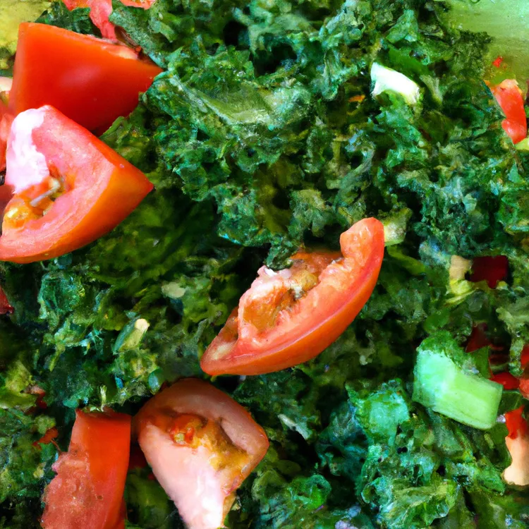 Kale salad with coconut oil, garlic, lemon juice, soy sauce, cherry tomatoes, pickles and red pepper