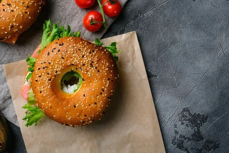 Keto pork bagel with tomato sauce and onion