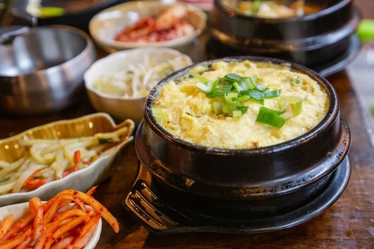 Korean-style spicy steamed eggs with onion and sesame butter
