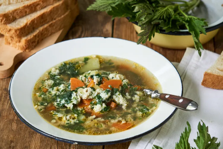 Lentil soup with carrots, spinach and cottage cheese