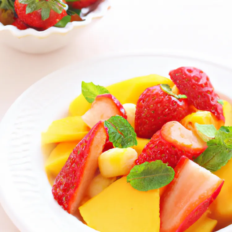 Mouthwatering mango strawberry salad with orange juice and honey