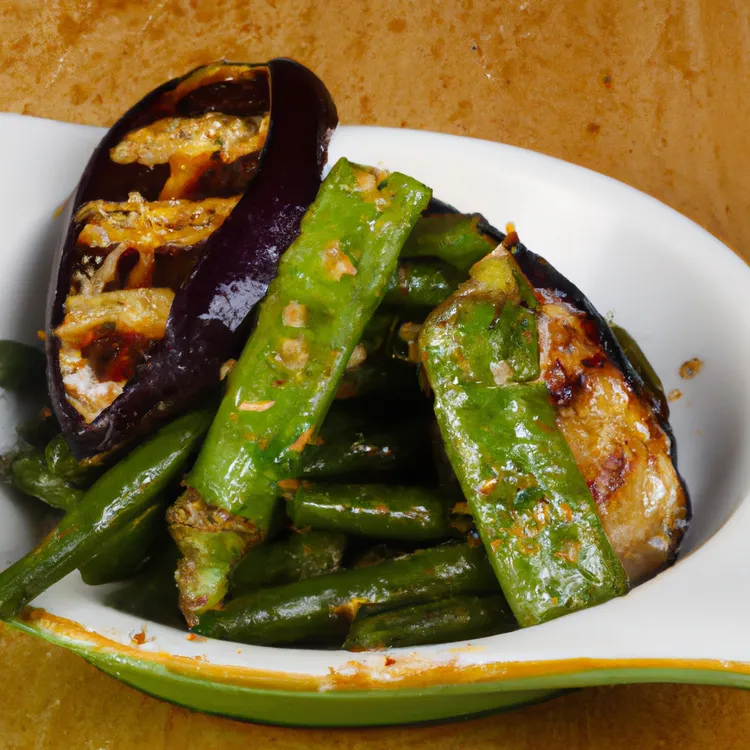 Miso eggplant with green beans and onions