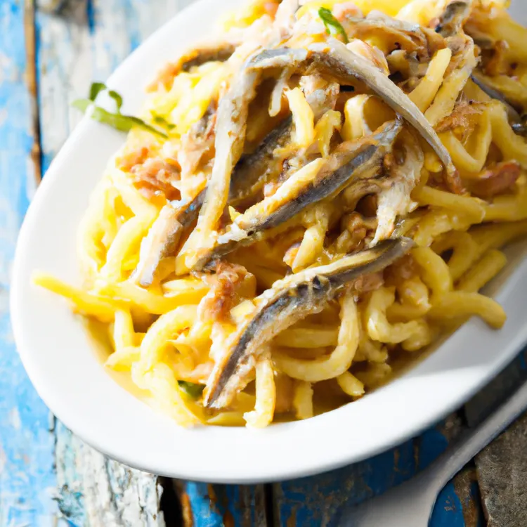 Gluten-free pasta with spicy anchovy sauce and dill bread crumbs