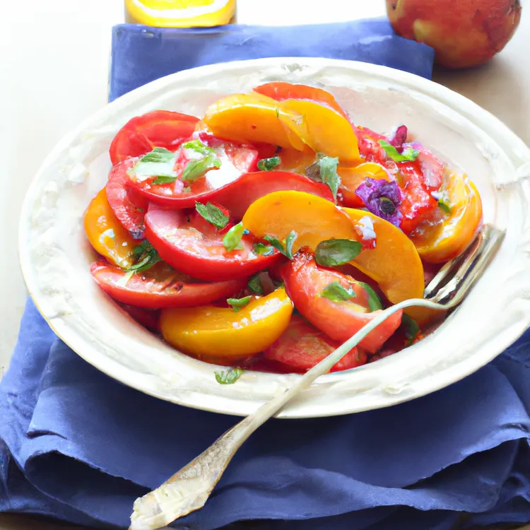 Fresh peach and tomato salad with basil, vinegar, salt and pepper
