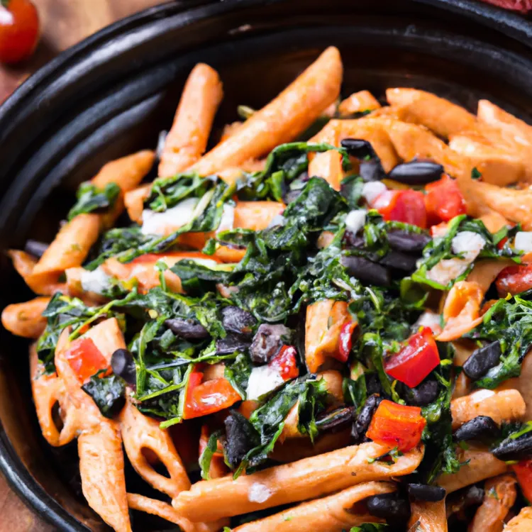 Penne with black beans and spinach in a tomato sauce topped with parmesan cheese