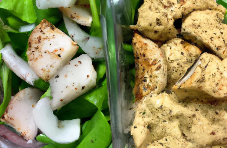 Paprika chicken hummus bowl with spinach and red onion