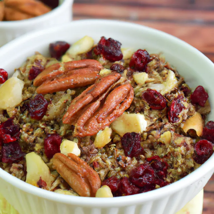 Cinnamon-maple quinoa breakfast bowl with pecans and cranberries