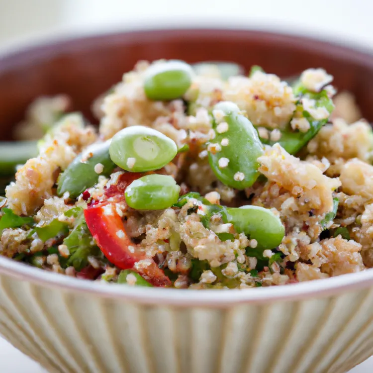 Fresh and zesty quinoa salad with edamame, red pepper and spices