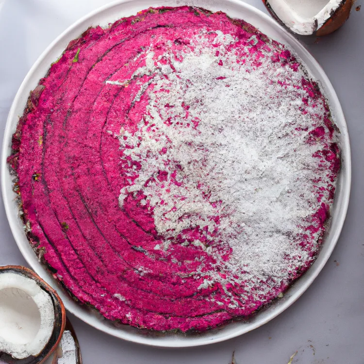 Raw vegan beet cashew cake with dates, almonds and coconut