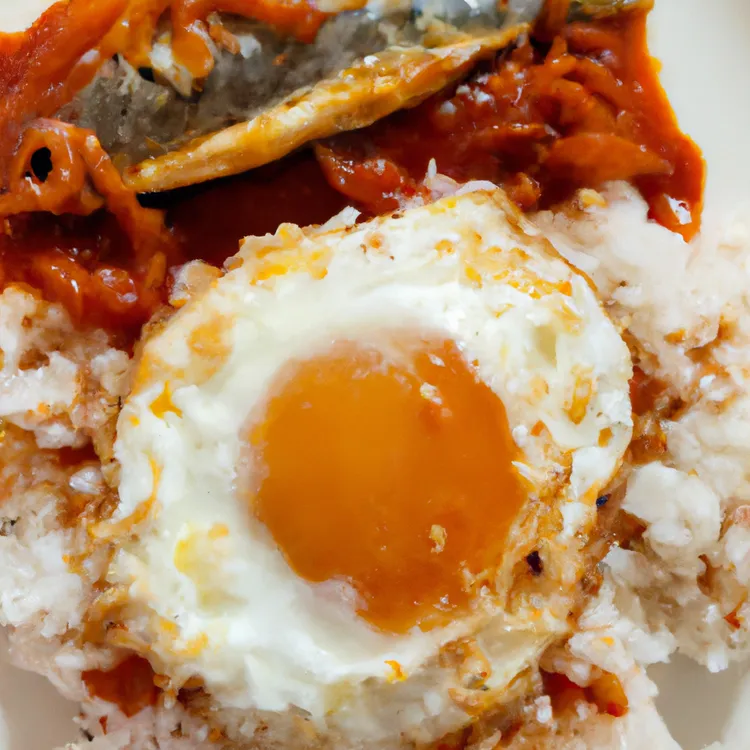 Sardine rice bowl with red pepper and tomato sauce