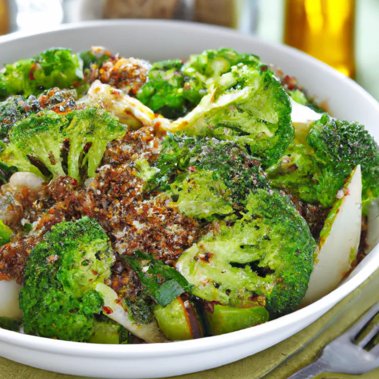 Roasted broccoli quinoa salad with almonds and maple-mustard dressing