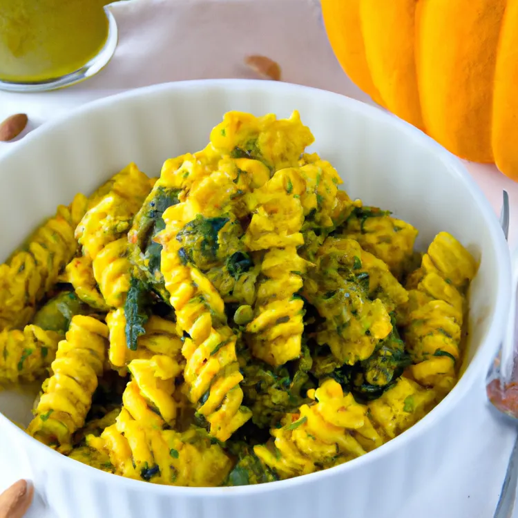Roasted butternut squash pasta with pistachio pesto and parmesan cheese