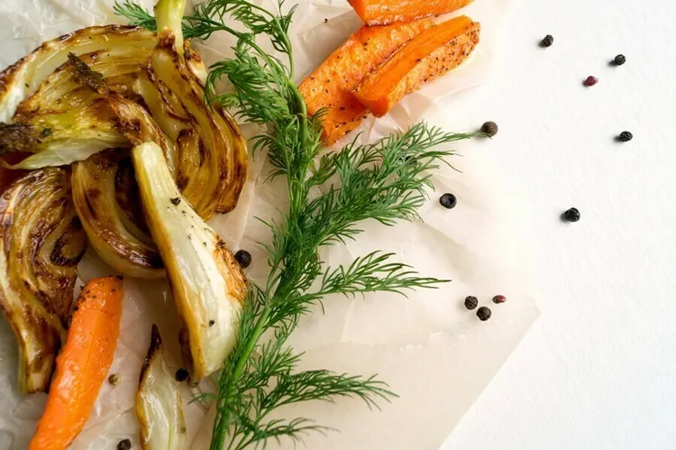 Roasted fennel, carrot and shallot medley with parsley and olive oil