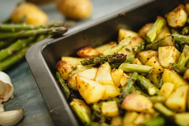 Roasted potatoes and asparagus with parmesan