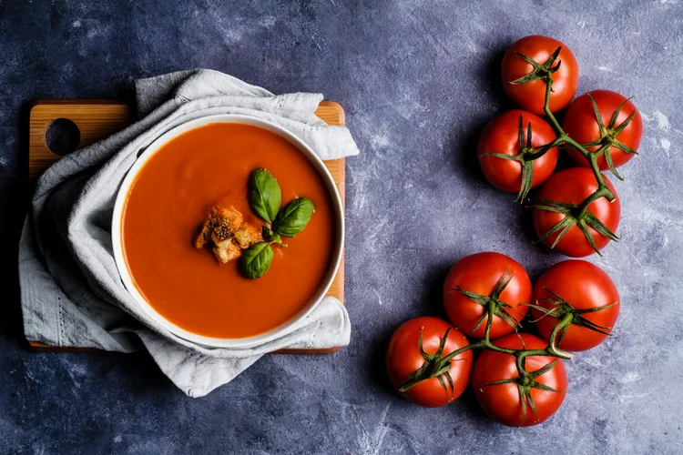 Roasted red pepper and tomato soup with rosemary and thyme