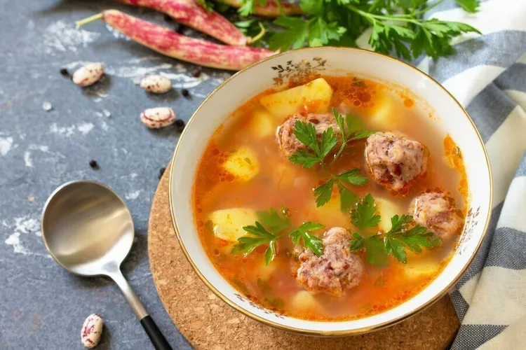 Russian potato soup with savory meatballs