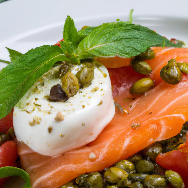 Grilled salmon with capers, caprese salad and walnuts